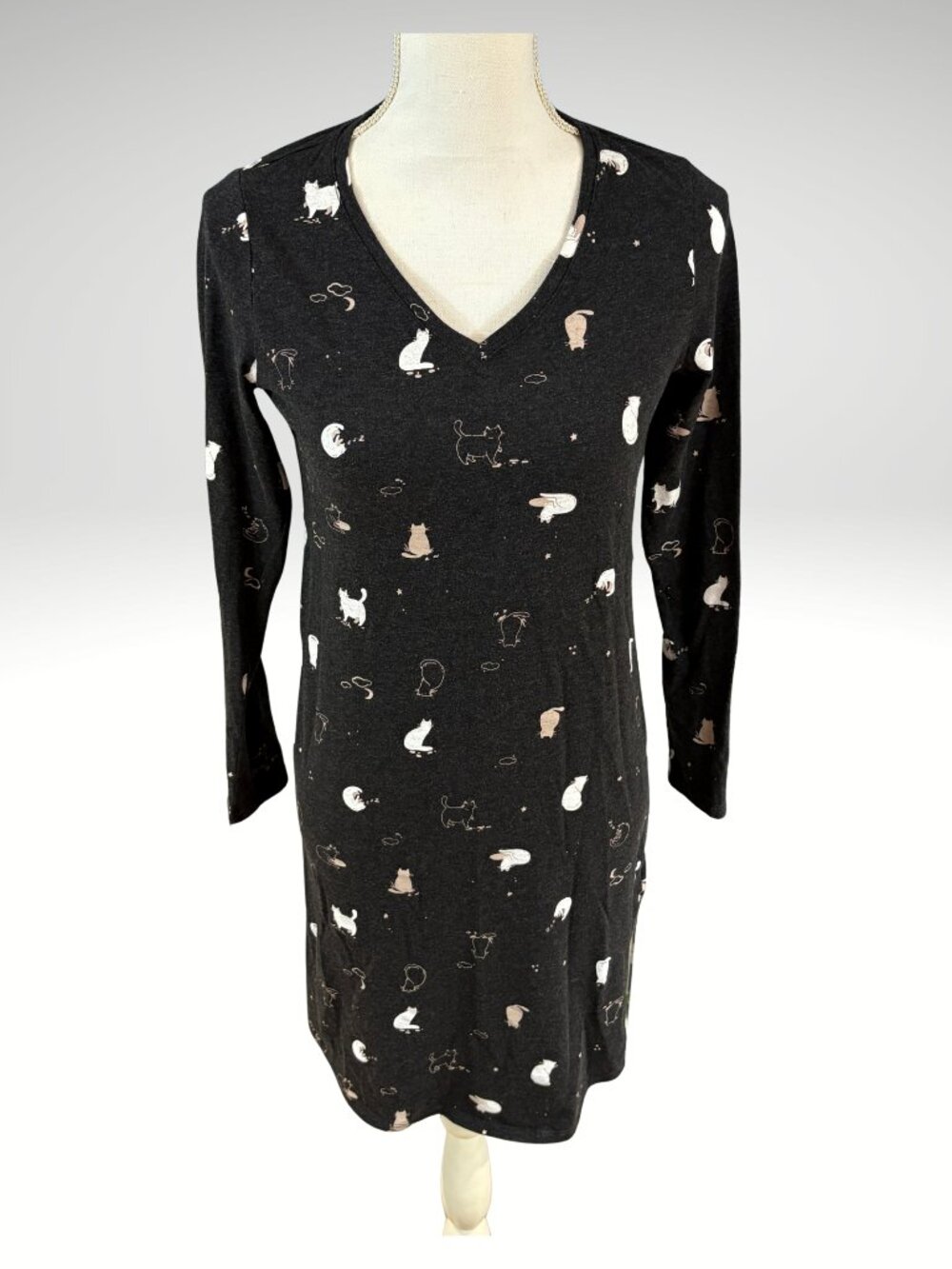 Reitmans Cat Print Sleep Shirt Nightgown XXS Charcoal (SKU:34W)